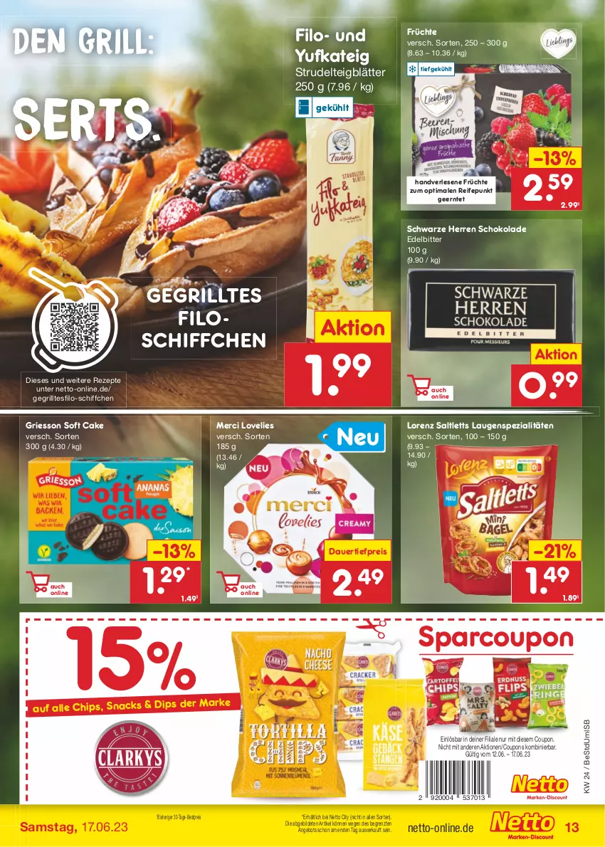 Aktueller Prospekt Netto Marken-Discount - Filial-Angebote - von 12.06 bis 17.06.2023 - strona 13 - produkty: angebot, auer, bestpreis, chips, coupon, coupons, dauertiefpreis, dip, eis, früchte, griesson, grill, lorenz, merci, reis, rezept, rezepte, saltletts, Schiffchen, schoko, schokolade, snack, snacks, Spezi, Strudel, Ti, tiefpreis, ZTE