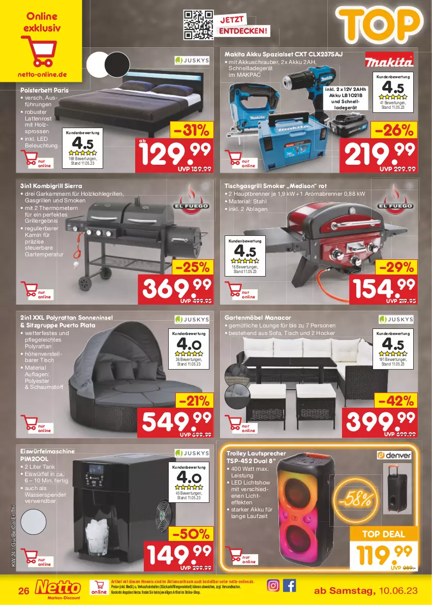 Aktueller Prospekt Netto Marken-Discount - Filial-Angebote - von 12.06 bis 17.06.2023 - strona 26 - produkty: akku, akkuschrauber, beleuchtung, bett, decke, eis, eiswürfel, Garten, gartenmöbel, gasgrill, grill, hocker, Holz, holzkohle, holzkohlegrill, Kamin, Kohlegrill, ladegerät, latte, lattenrost, lautsprecher, mab, Makita, möbel, ndk, polsterbett, reis, Ria, rwe, schnellladegerät, Sierra, Sofa, thermometer, Ti, tisch, trolley, wasser, würfel