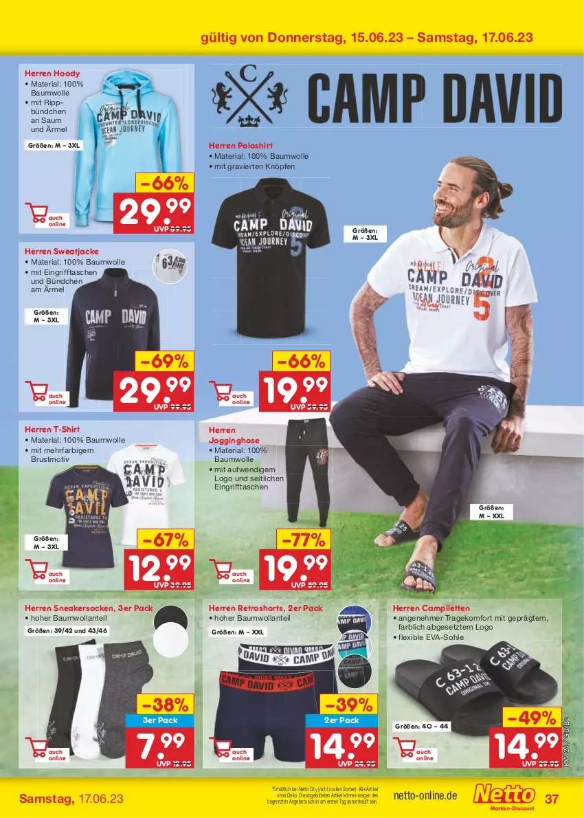 Aktueller Prospekt Netto Marken-Discount - Filial-Angebote - von 12.06 bis 17.06.2023 - strona 37 - produkty: angebot, Bau, baumwolle, gin, herren poloshirt, hose, Jacke, Jogginghose, poloshirt, retroshorts, Ria, shirt, shorts, sneaker, sneakersocken, socken, sweatjacke, T-Shirt, Tasche, taschen, Ti, wolle, ZTE