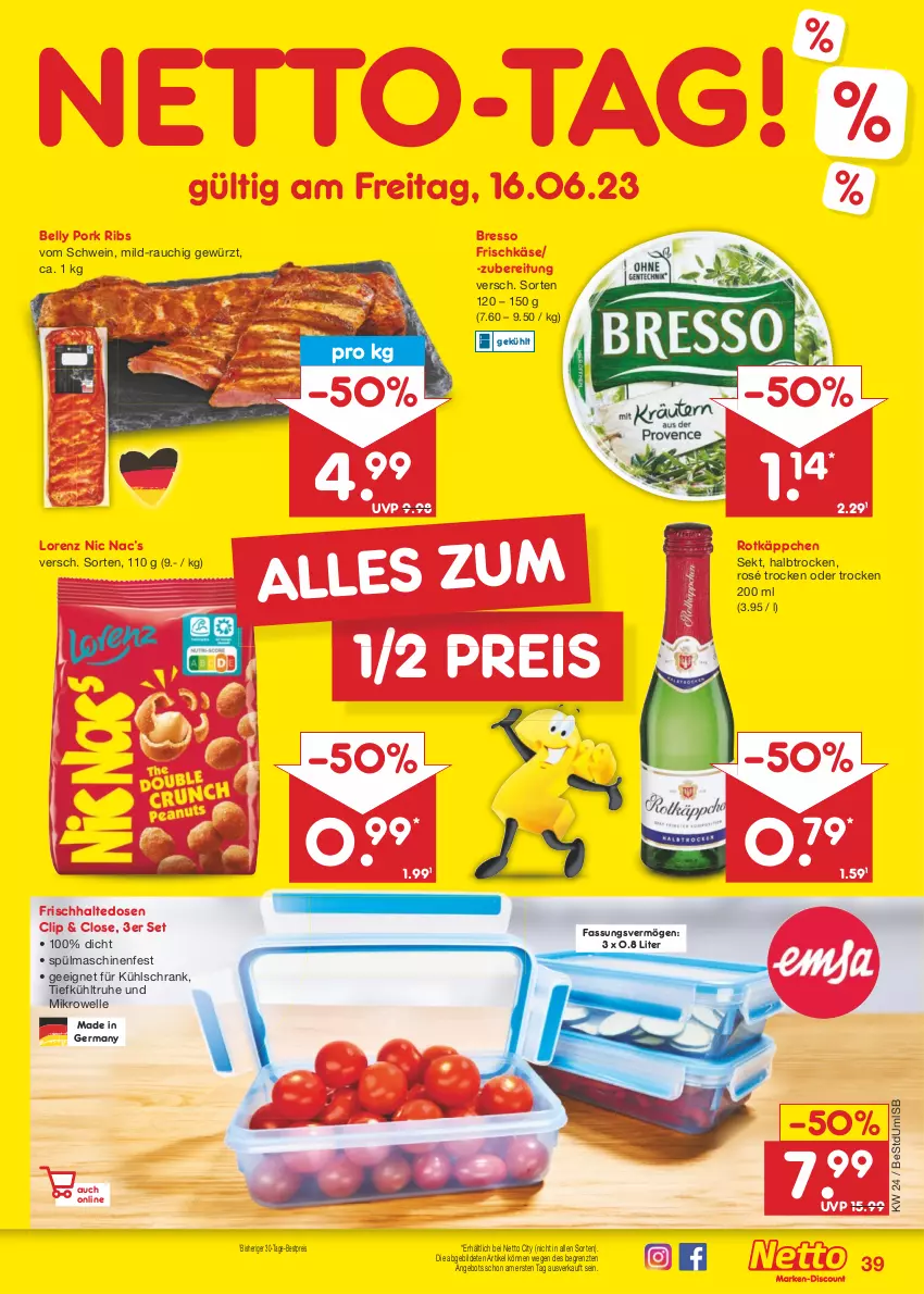 Aktueller Prospekt Netto Marken-Discount - Filial-Angebote - von 12.06 bis 17.06.2023 - strona 39 - produkty: angebot, bestpreis, bresso, eis, elle, frischhaltedosen, frischkäse, Germ, gewürz, Käse, kühlschrank, lorenz, mikrowelle, Rauch, reis, rotkäppchen, Schrank, schwein, sekt, spülmaschinen, Ti, wein, ZTE