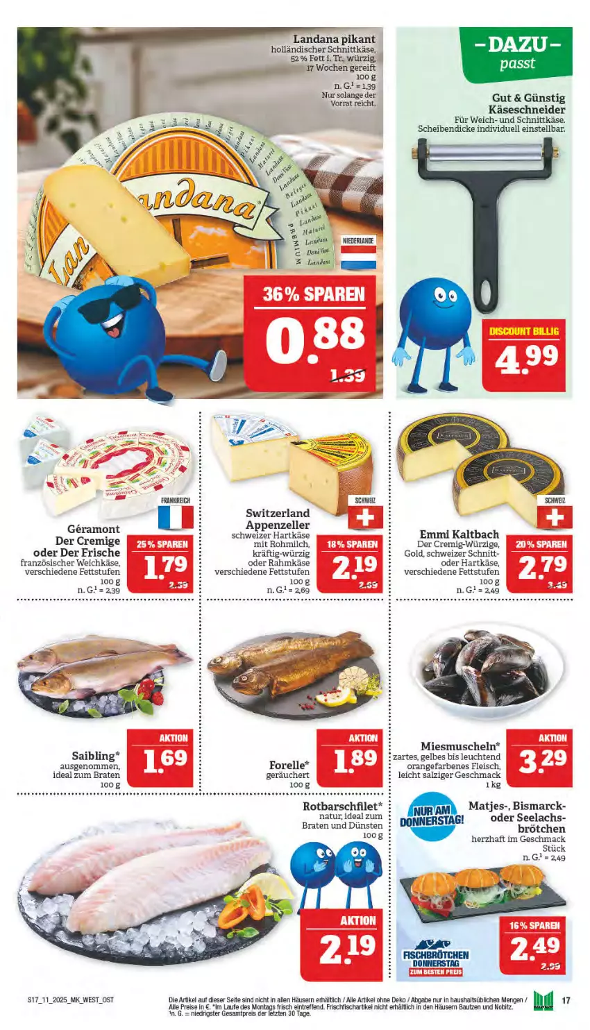 Aktueller Prospekt Marktkauf - Prospekt - von 09.03 bis 15.03.2025 - strona 17 - produkty: appenzeller, Bau, bismarck, braten, brötchen, eis, elle, emmi, filet, fisch, fleisch, forelle, französischer weichkäse, frischfisch, hartkäse, holländischer schnittkäse, ideal zum braten, Käse, lachs, Leuchte, leuchten, mac, matjes, milch, Muscheln, natur, orange, reis, rel, Rotbarsch, rotbarschfilet, Saibling, salz, schnittkäse, schweizer hartkäse, tee, teller, Ti, weichkäse, ZTE