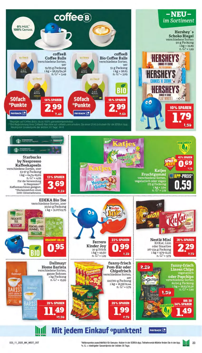 Aktueller Prospekt Marktkauf - Prospekt - von 09.03 bis 15.03.2025 - strona 23 - produkty: aktionspreis, ball, bio, bohne, bohnen, chips, chipsfrisch, cookie, cookies, creme, dallmayr, deka, edeka bio, eis, espresso, ferrero, funny-frisch, kaffee, kaffeekapseln, kaffeemaschine, Kinder, kitkat, lion, nespresso, nuss, pom-bär, reis, riegel, rwe, schoko, smarties, starbucks, tee, Ti, uhu, ZTE