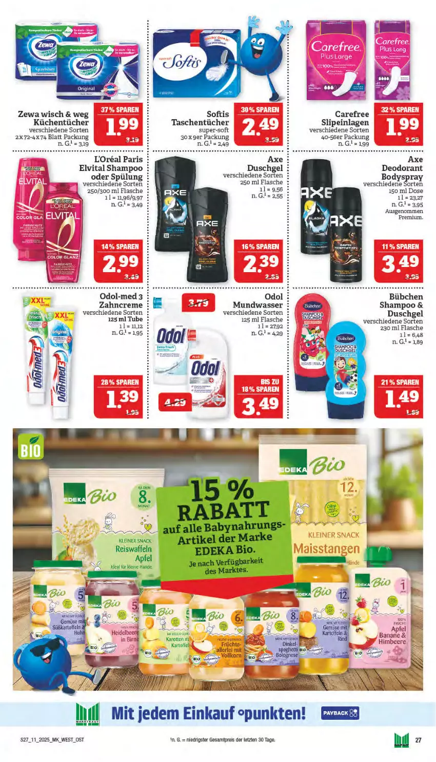 Aktueller Prospekt Marktkauf - Prospekt - von 09.03 bis 15.03.2025 - strona 27 - produkty: axe, banane, beere, body, bodyspray, bübchen, carefree, creme, deo, deodorant, duschgel, eis, eiswaffeln, elvital, flasche, himbeer, himbeere, küche, Küchen, küchentücher, leine, loreal, mundwasser, Odol, reis, Reiswaffeln, shampoo, slip, slipeinlagen, snack, spülung, Tasche, taschen, taschentücher, tee, Ti, tücher, vita, waffeln, wasser, zahncreme, zewa, ZTE