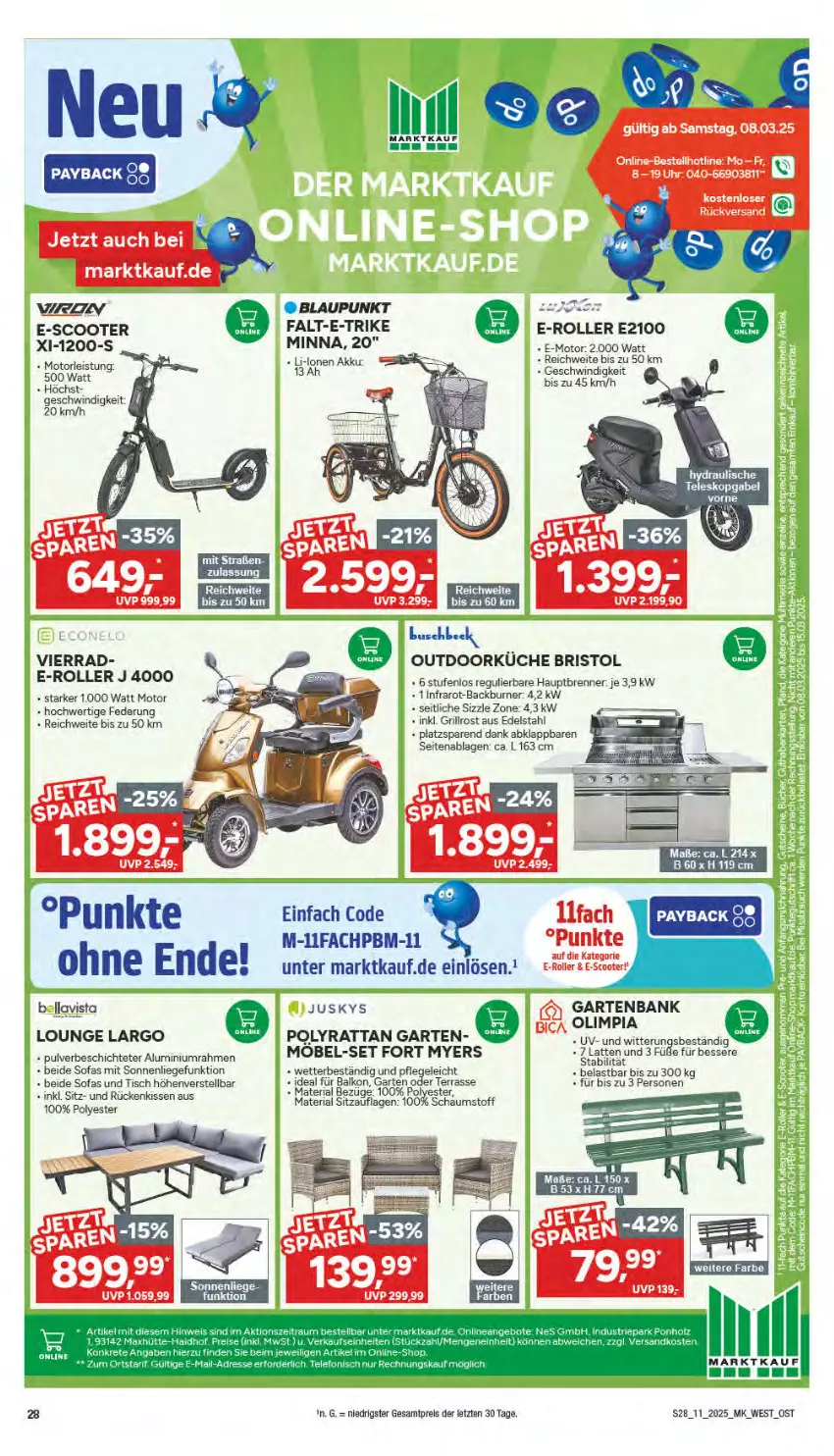 Aktueller Prospekt Marktkauf - Prospekt - von 09.03 bis 15.03.2025 - strona 28 - produkty: akku, Bank, blaupunkt, E-Roller, edelstahl, eis, gabel, Garten, gartenbank, gefu, grill, grillrost, HP, kissen, Liege, payback, reis, Ria, ring, Roller, Rückenkissen, scooter, Sitzauflage, Sofa, sonnenliege, Teleskop, Ti, tisch, ZTE