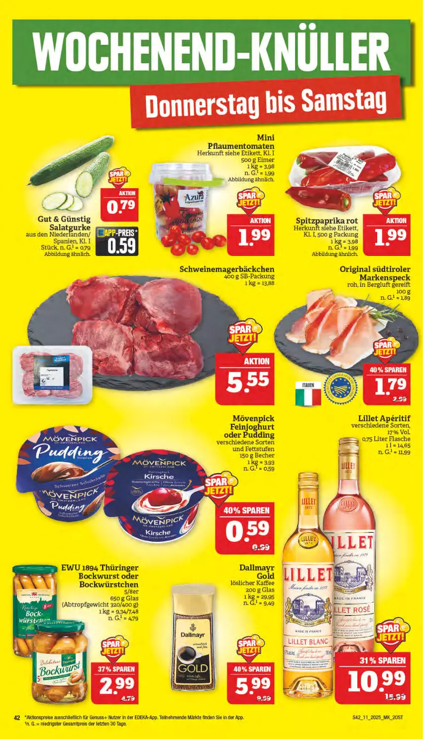 Aktueller Prospekt Marktkauf - Prospekt - von 09.03 bis 15.03.2025 - strona 42 - produkty: aktionspreis, aperitif, Becher, bockwurst, dallmayr, deka, eimer, eis, gin, gurke, kaffee, lillet, löslicher kaffee, mövenpick, nuss, paprika, paprika rot, pflaume, pflaumen, pudding, reis, ring, salat, Salatgurke, schwein, schweine, Speck, Spitzpaprika, südtiroler, Ti, tomate, tomaten, wein, weine, wurst, würstchen, ZTE