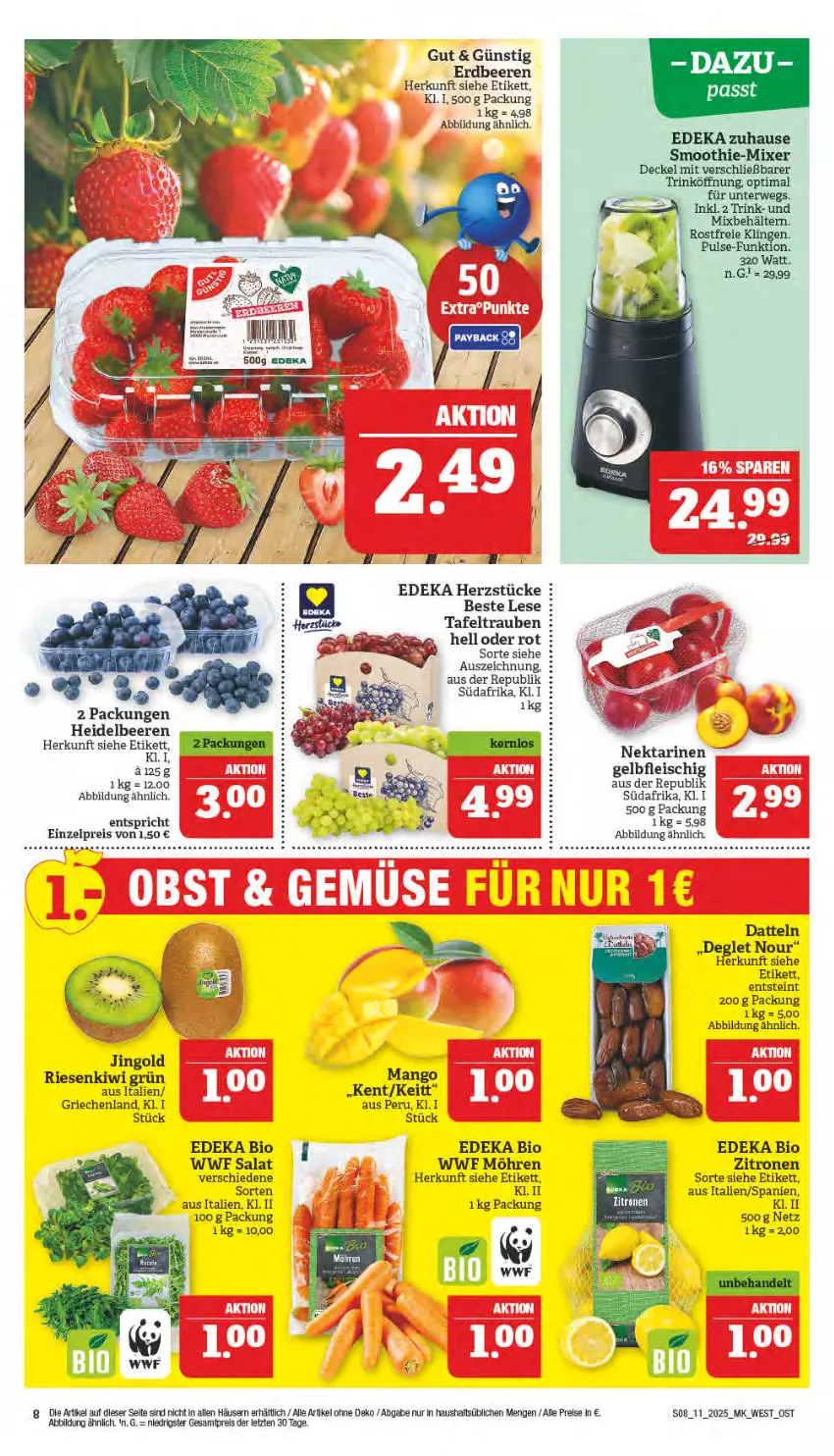 Aktueller Prospekt Marktkauf - Prospekt - von 09.03 bis 15.03.2025 - strona 8 - produkty: beere, beeren, Behälter, bio, Datteln, decke, Deckel, deka, edeka bio, eis, erdbeere, erdbeeren, fleisch, heidelbeere, heidelbeeren, kiwi, mango, Mixer, möhren, reis, rwe, salat, smoothie, tafeltrauben, Ti, trauben, zitrone, zitronen, ZTE