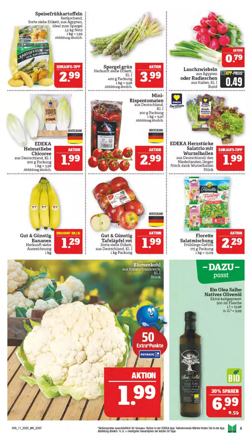 Aktueller Prospekt Marktkauf - Prospekt - von 09.03 bis 15.03.2025 - strona 9 - produkty: aktionspreis, ball, banane, bananen, bio, deka, eis, elle, flasche, florette, Frühkartoffeln, kartoffel, kartoffeln, Lauchzwiebel, lauchzwiebeln, natives olivenöl, nuss, olive, oliven, olivenöl, olivenöl extra, radieschen, reis, rispentomaten, salat, spargel, speisefrühkartoffeln, Ti, tomate, tomaten, ZTE, zwiebel, zwiebeln