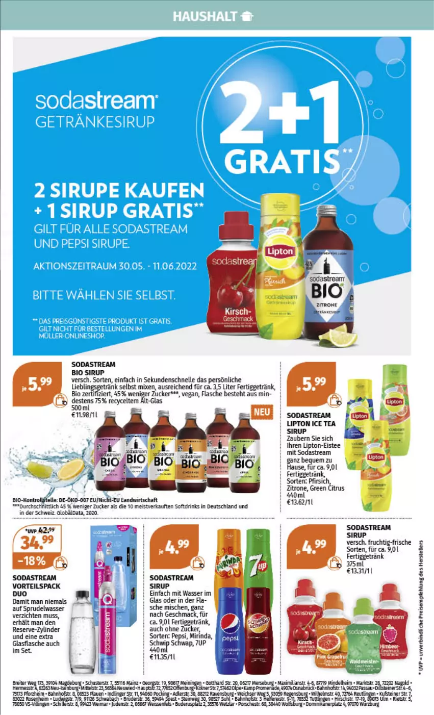 Aktueller Prospekt Mueller - Haushaltswaren-Angebote - von 29.05 bis 04.06.2022 - strona 6 - produkty: bio, citrus, drink, drinks, dünger, eis, eistee, elle, flasche, frucht, getränk, glasflasche, ice tea, lipton, lipton ice tea, mac, Mirinda, pepsi, pfirsich, reis, rind, rosen, sirup, Soda, sodastream, Sprudel, steiner, tee, teller, Ti, wasser, Yo, zitrone, zucker