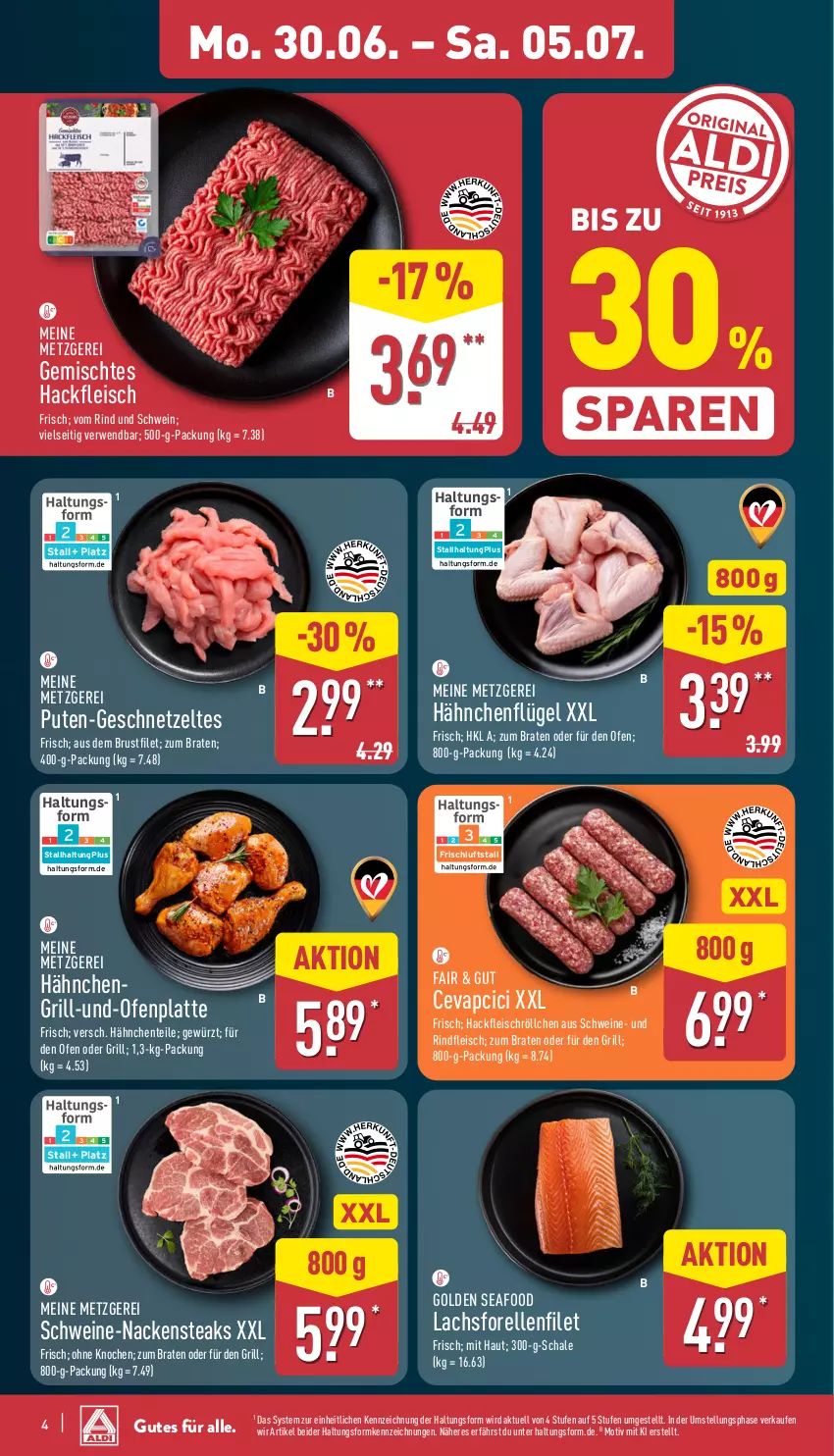 Aktueller Prospekt Aldi Nord - Von Montag - von 30.06 bis 05.07.2025 - strona 4 - produkty: braten, brustfilet, cevapcici, eis, elle, ente, filet, fleisch, forelle, geschnetzeltes, gewürz, grill, hackfleisch, hähnchenflügel, lachs, latte, Nackensteak, nackensteaks, Ofen, pute, rel, rind, rindfleisch, rwe, Schal, Schale, schwein, schweine, steak, steaks, Ti, wein, weine, Zelt