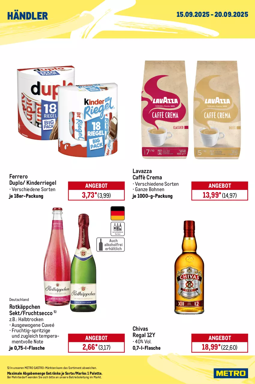 Aktueller Prospekt Metro - Wochen-Angebote Händler - von 15.09 bis 20.09.2025 - strona 2 - produkty: angebot, bier, bohne, bohnen, brut, brut dargent, caffè crema, chardonnay, coupon, de blancs, duplo, ecco, espresso, ferrero, flasche, frucht, fruchtsecco, getränk, getränke, gösser, Havana Club, Kinder, lavazza, meica, Metro, metro gastro, natur, Palette, pfirsich, radler, regal, riegel, rotkäppchen, sekt, Ti, würstchen