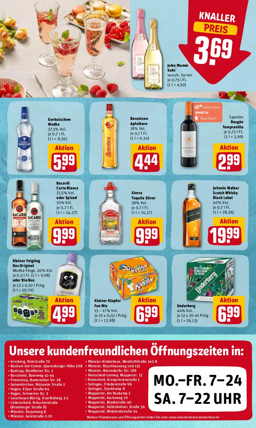 Aktueller Prospekt Rewe - REWE Ihr Kaufpark - von 23.05 bis 28.05.2022 - strona 21 - produkty: apfel, bacardi, berentzen, Berger, black label, burger, eis, ente, gin, Gorbatschow, gorbatschow wodka, grill, johnnie walker, jules mumm, Kinder, kleiner feigling, kleiner klopfer, korn, lack, leine, mumm, reis, scotch, scotch whisky, sekt, Sierra, sierra tequila, tempranillo, tequila, Ti, uhr, underberg, whisky, wodka