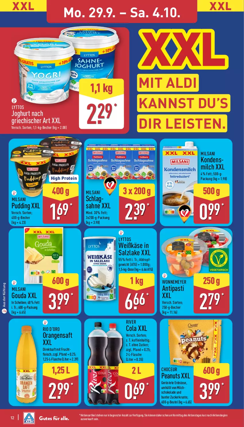 Aktueller Prospekt Aldi Nord - Von Montag - von 29.09 bis 04.10.2025 - strona 15 - produkty: aldi, antipasti, asti, Becher, beutel, cola, direktsaft, eis, erdnüsse, flasche, fleisch, frucht, fruchtfleisch, gin, gouda, joghur, joghurt, joghurt nach, Käse, kondensmilch, milch, mit frucht, orange, orangen, orangensaft, pudding, saft, sahne, salz, schlagsahne, schoko, schokolade, Ti, ZTE, zucker