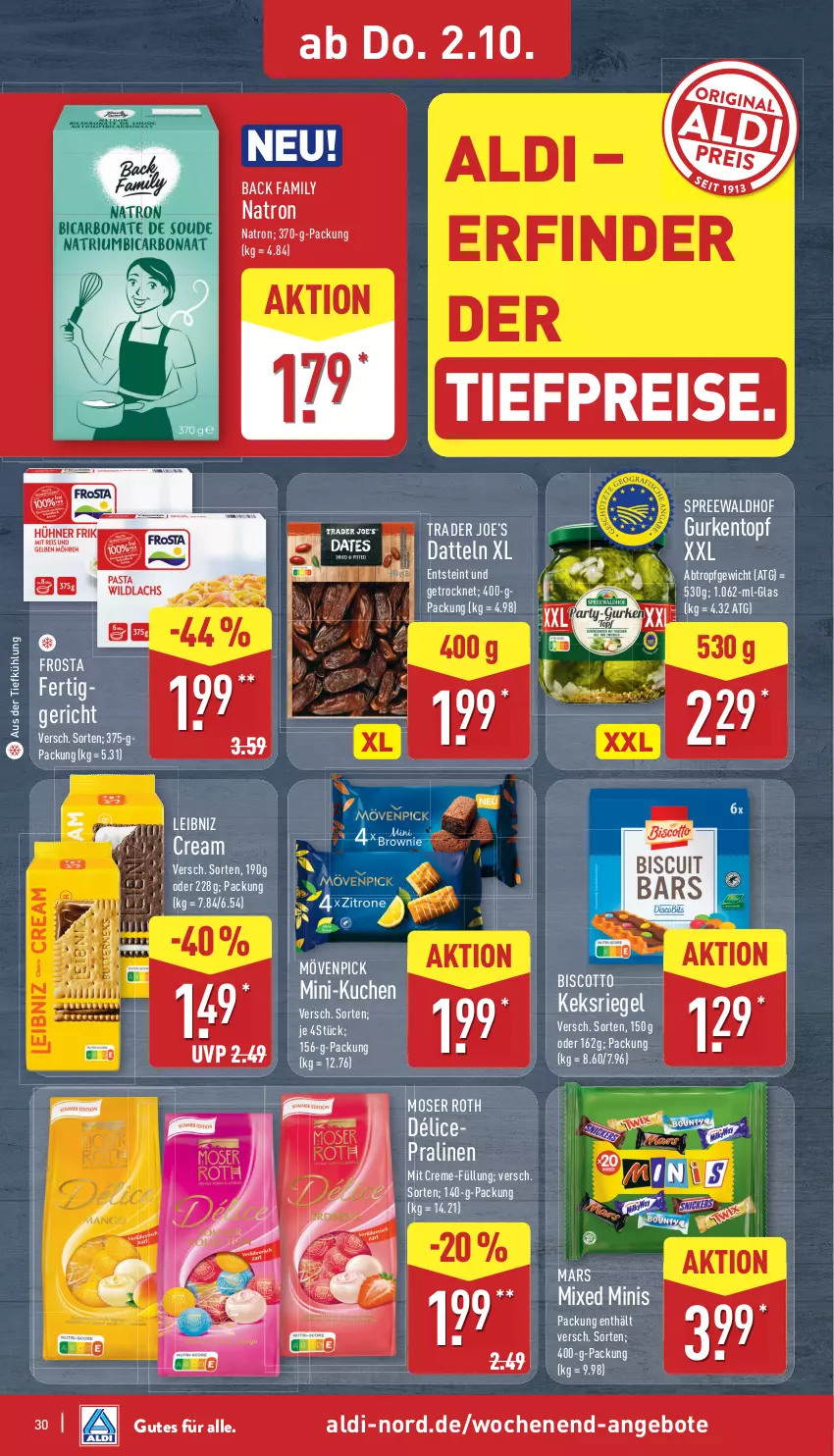 Aktueller Prospekt Aldi Nord - Von Montag - von 29.09 bis 04.10.2025 - strona 33 - produkty: aldi, angebot, angebote, aus der tiefkühlung, biscotto, creme, Datteln, eis, fertiggericht, frosta, gurke, gurken, keks, kuchen, leibniz, mars, moser, Moser Roth, mövenpick, pralinen, reis, riegel, spreewaldhof, Ti, tiefpreis, topf