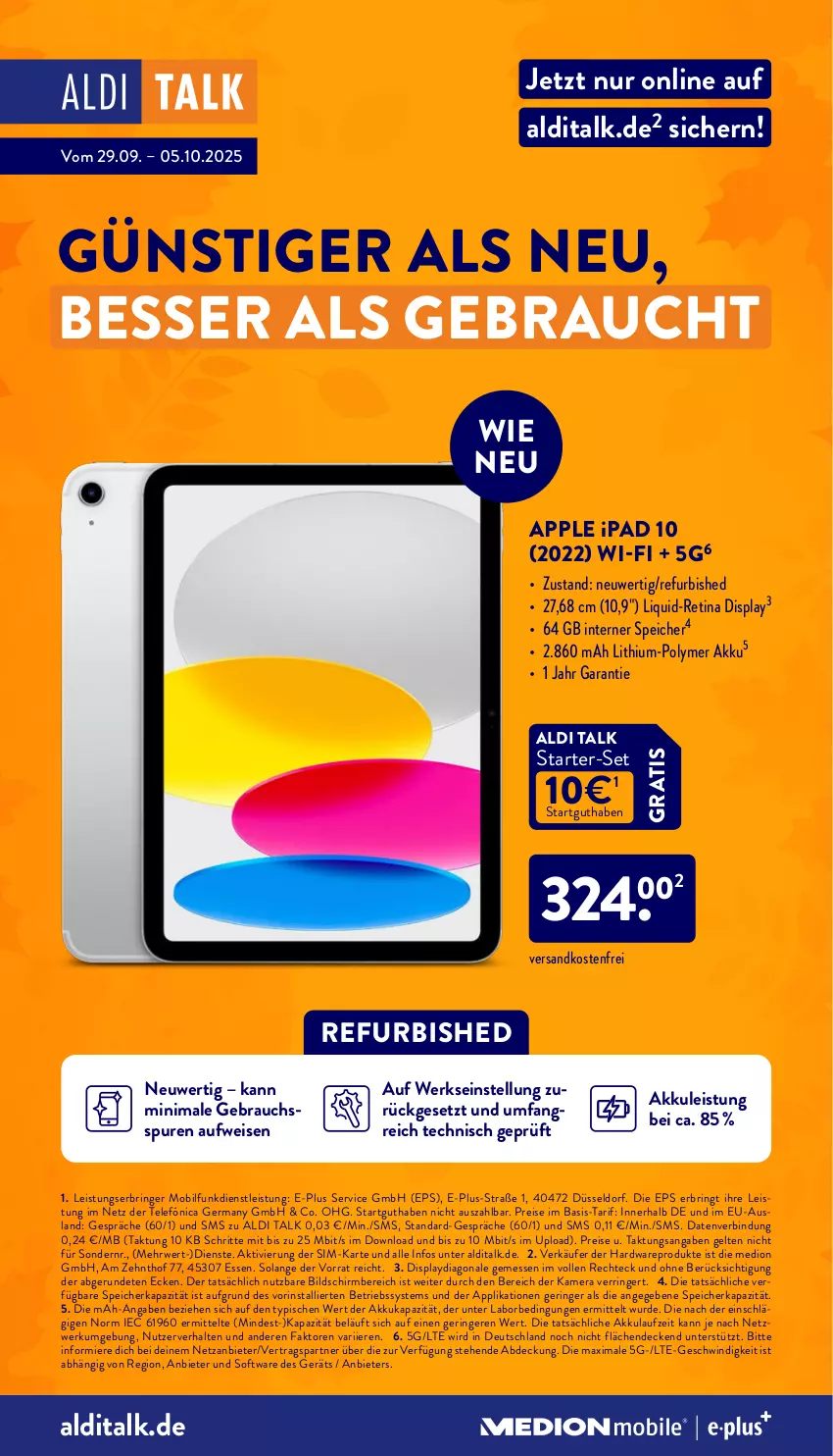 Aktueller Prospekt Aldi Nord - Von Montag - von 29.09 bis 04.10.2025 - strona 40 - produkty: akku, aldi, aldi talk, Apple, Betriebssystem, decke, eis, Germ, hardware, ipad, kamera, medion, ndk, Rauch, reis, ring, rwe, sim, Software, Ti, versandkostenfrei
