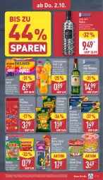 Gazetka promocyjna Aldi Nord - Von Montag - Gazetka - ważna od 04.10 do 04.10.2025 - strona 34 - produkty: ball, beutel, brunnen, butter, cola, cracker, daim, elle, flasche, franken brunnen, funny-frisch, gin, haribo, irish whiskey, jameson, karamell, kräuter, limo, limonade, mandel, milch, orange, orangen, Paula, paulaner, pralinen, schoko, schokolade, spaghetti, Spezi, tee, teller, Three Sixty, Ti, vodka, whiskey, ZTE
