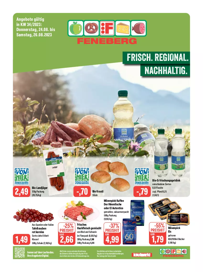 Aktueller Prospekt Feneberg - Prospekte - von 24.08 bis 26.08.2023 - strona 1 - produkty: angebot, angebote, Becher, bio, eis, elle, erfrischungsgetränk, flasche, fleisch, getränk, hackfleisch, hackfleisch gemischt, kaffee, landjäger, Laufen, mövenpick, mövenpick eis, mövenpick kaffee, reis, rind, Schal, Schale, schwein, tafeltrauben, Ti, trauben, wein, ZTE