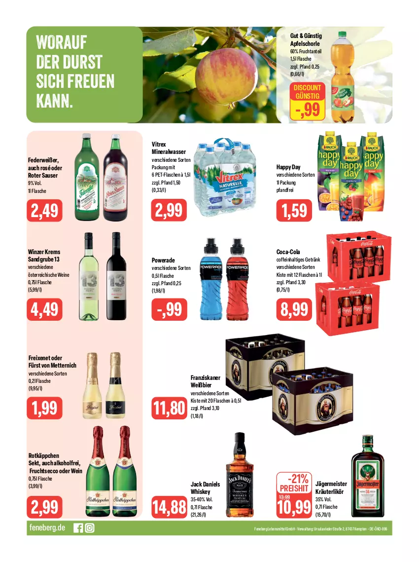 Aktueller Prospekt Feneberg - Prospekte - von 24.08 bis 26.08.2023 - strona 12 - produkty: alkohol, Alwa, apfel, Apfelschorle, bier, coca-cola, coffein, cola, discount, ecco, eis, flasche, franziskaner, freixenet, frucht, fruchtsecco, fürst von metternich, Germ, getränk, Happy Day, jack daniel, jack daniels, jägermeister, kräuter, kräuterlikör, lebensmittel, likör, Meister, Mett, metternich, mineralwasser, pet-flasche, pet-flaschen, reis, rotkäppchen, rwe, schorle, sekt, Ti, vitrex, wasser, wein, weine, whiskey