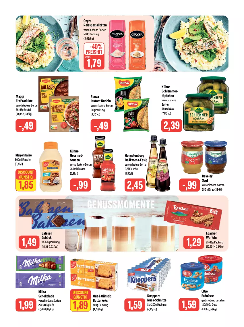 Aktueller Prospekt Feneberg - Prospekte - von 24.08 bis 26.08.2023 - strona 9 - produkty: bahlsen, beutel, butter, butterkeks, delikatess-essig, develey, discount, eis, ente, erdnüsse, essig, flasche, hengstenberg, keks, knoppers, Kühne, maggi, maggi fix, mayonnaise, milka, milka schokolade, nudel, nudeln, nuss, oryza, reis, reiss, salz, sauce, saucen, schlemmertöpfchen, schoko, schokolade, senf, Spezi, Ti, Töpfchen, ültje, ültje erdnüsse, waffeln, Yo