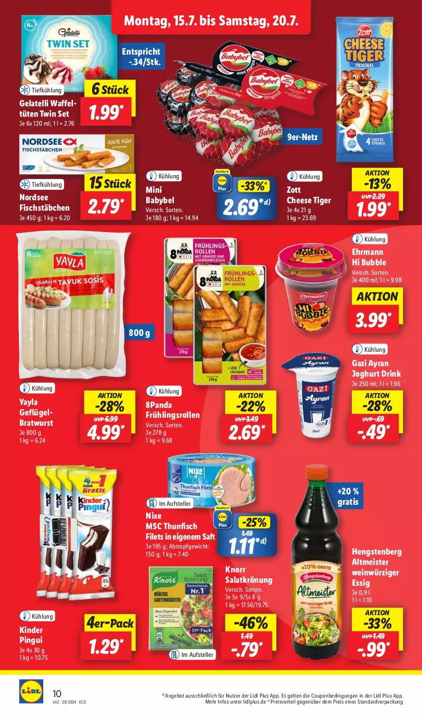 Aktueller Prospekt Lidl - Aktionsprospekt - von 15.07 bis 20.07.2024 - strona 12 - produkty: angebot, Ayran, babybel, bratwurst, coupon, drink, ehrmann, eis, elle, essig, filet, filets, fisch, fischstäbchen, Geflügel, Gelatelli, hengstenberg, Hengstenberg Altmeister, joghur, joghurt, Kinder, kinder pingui, knorr, Meister, mini babybel, Nordsee, pingui, preisvorteil, reis, saft, salat, salatkrönung, teller, thunfisch, thunfisch filets, Ti, Tüte, wein, wurst, zott