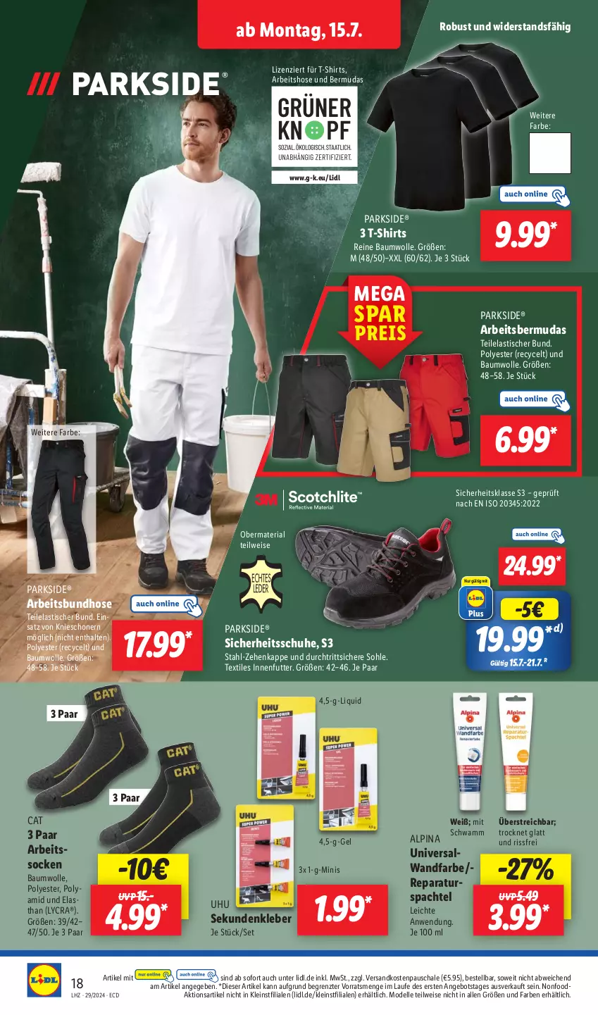 Aktueller Prospekt Lidl - Aktionsprospekt - von 15.07 bis 20.07.2024 - strona 22 - produkty: alpina, angebot, asti, Bau, baumwolle, bermuda, bermudas, dell, eis, elle, hose, kleber, Mode, ndk, Parkside, reine baumwolle, reis, Ria, Schal, Schale, schuhe, schwamm, shirt, shirts, socken, spachtel, T-Shirt, Ti, tisch, uhu, wolle, ZTE