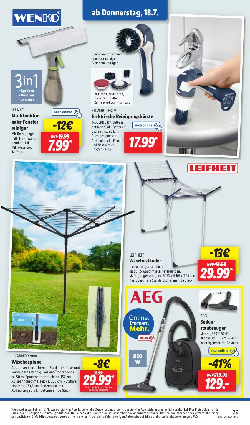 Aktueller Prospekt Lidl - Aktionsprospekt - von 15.07 bis 20.07.2024 - strona 33 - produkty: aeg, angebot, batterie, batterien, bürste, bürsten, coupon, dell, eis, fenster, Heu, hygienefilter, leifheit, messer, mikrofaser, Mode, Persona, reiniger, Reinigung, reinigungsbürste, Reinigungsmittel, reis, schwamm, silvercrest, staubsauger, Ti, tuc, wäschespinne, waschmaschine, waschmaschinen, wasser, wenko, ZTE