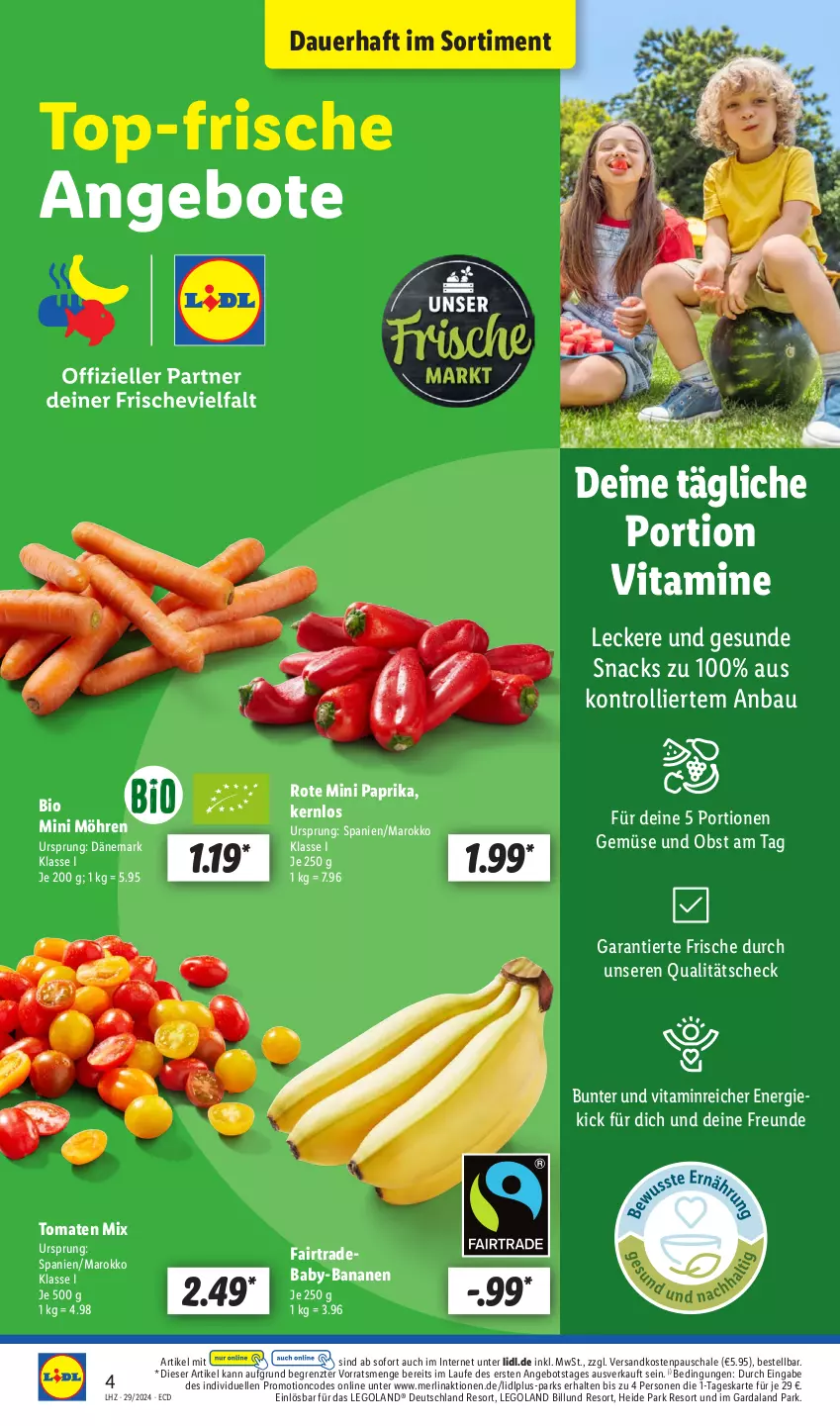 Aktueller Prospekt Lidl - Aktionsprospekt - von 15.07 bis 20.07.2024 - strona 4 - produkty: angebot, angebote, auer, banane, bananen, Bau, bio, elle, merl, möhren, ndk, obst, paprika, Schal, Schale, snack, snacks, Ti, tomate, tomaten, trolli, vita, Vitamine, ZTE