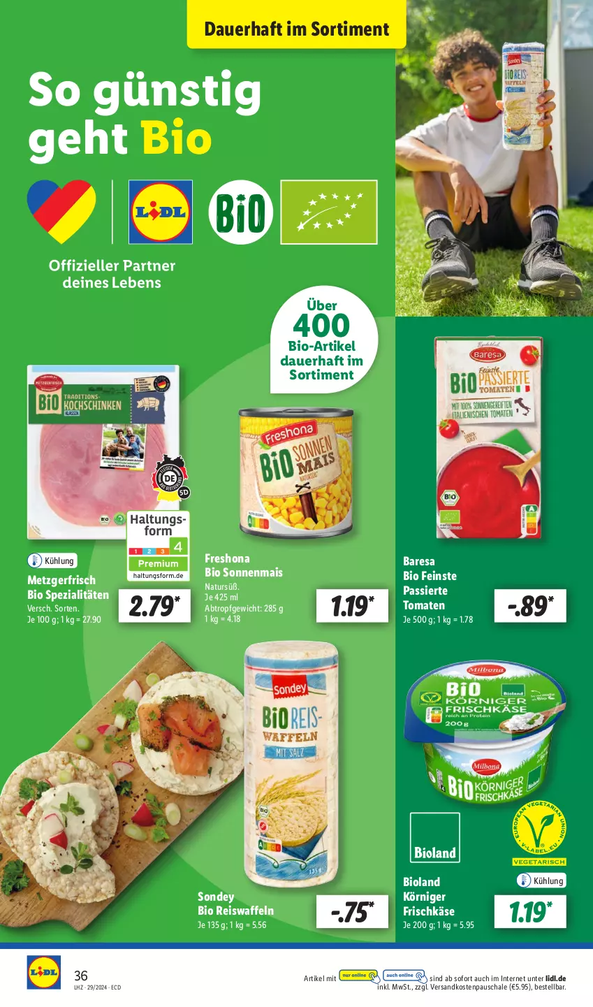 Aktueller Prospekt Lidl - Aktionsprospekt - von 15.07 bis 20.07.2024 - strona 42 - produkty: auer, bio, bioland, eis, eiswaffeln, frischkäse, Käse, Körniger Frischkäse, mais, natur, ndk, reis, Reiswaffeln, resa, Schal, Schale, Sondey, Spezi, Ti, tomate, tomaten, waffeln