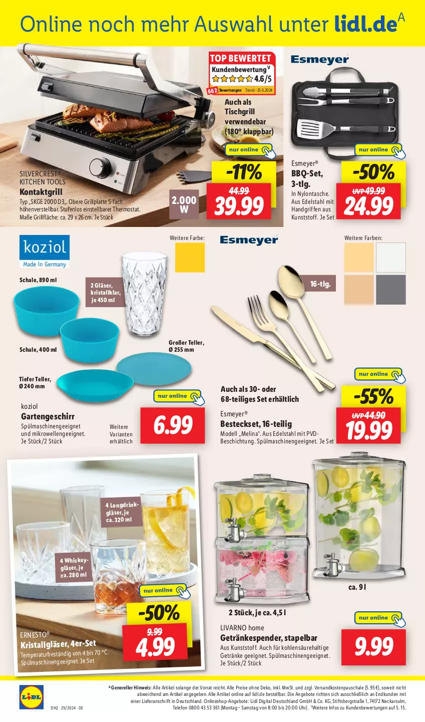 Aktueller Prospekt Lidl - Aktionsprospekt - von 15.07 bis 20.07.2024 - strona 48 - produkty: angebot, angebote, besteck, besteckset, dell, drink, edelstahl, eis, elle, ernesto, Garten, geschirr, getränk, getränke, getränkespender, Gläser, grill, grillfläche, grillplatte, kontaktgrill, latte, LG, mikrowelle, Mode, ndk, reis, rel, Ria, rwe, Schal, Schale, silvercrest, spülmaschinen, Tasche, telefon, teller, thermostat, Ti, tisch, tischgrill, uhr, whiskey