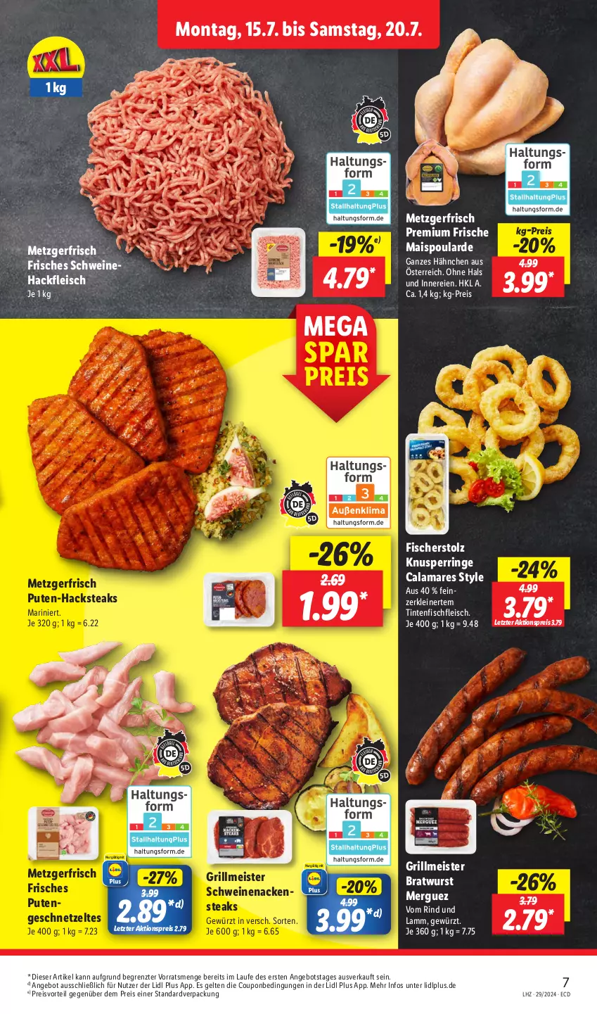 Aktueller Prospekt Lidl - Aktionsprospekt - von 15.07 bis 20.07.2024 - strona 9 - produkty: aktionspreis, angebot, bratwurst, coupon, eis, fisch, fische, Fischer, fleisch, geschnetzeltes, gewürz, grill, hackfleisch, lamm, leine, mais, Meister, Nackensteak, nackensteaks, preisvorteil, pute, reis, rind, ring, schwein, schweine, schweinenacken, steak, steaks, Ti, wein, weine, wurst, Zelt, ZTE