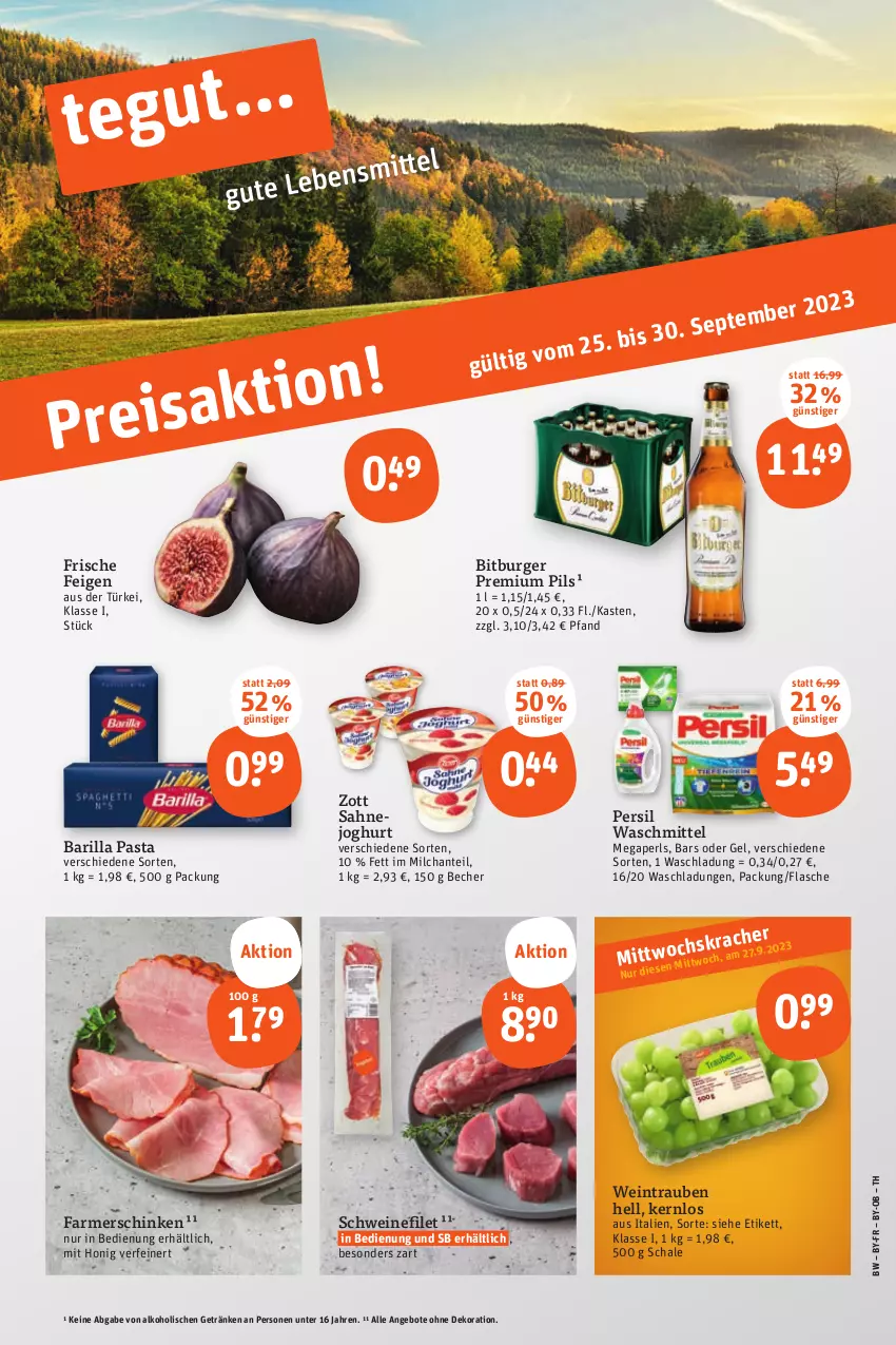 Aktueller Prospekt Tegut - Angebote der Woche - von 23.09 bis 30.09.2023 - strona 1 - produkty: alkohol, angebot, angebote, barilla, Becher, bitburger, burger, dekoration, farmerschinken, Feigen, filet, flasche, getränk, getränke, honig, joghur, joghurt, megaperls, milch, pasta, persil, persil waschmittel, pils, premium pils, sahne, Sahnejoghurt, Schal, Schale, schinken, schwein, schweine, schweinefilet, Ti, trauben, waschmittel, wein, weine, zott