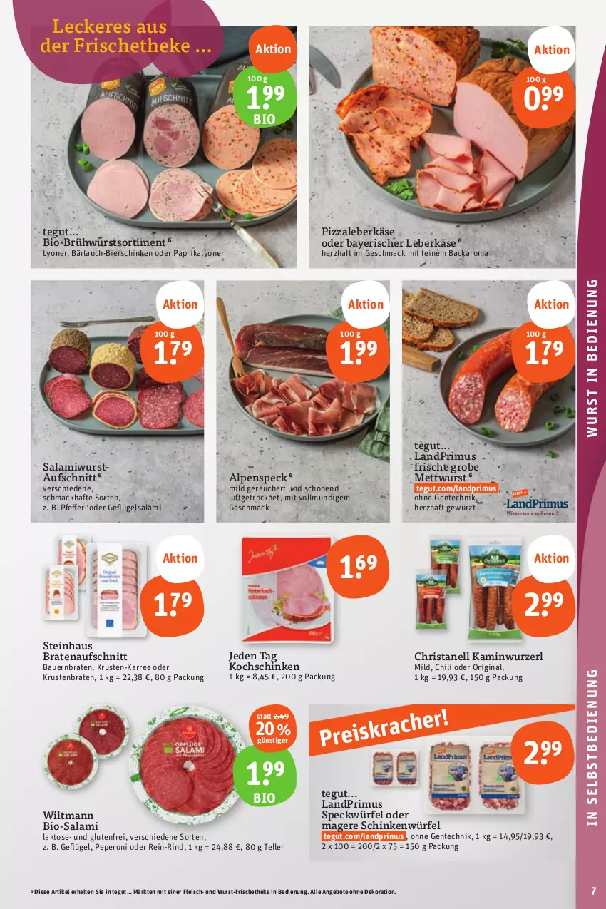 Aktueller Prospekt Tegut - Angebote der Woche - von 23.09 bis 30.09.2023 - strona 7 - produkty: angebot, angebote, auer, aufschnitt, Bau, Bauer, bier, bierschinken, bio, Bio-Salami, braten, bratenaufschnitt, Brühwurst, chili, dekoration, eis, elle, ente, fleisch, Geflügel, gewürz, gin, Kamin, Kaminwurz, Käse, kochschinken, krustenbraten, landprimus, leberkäs, leberkäse, lyoner, mac, Mett, mettwurst, paprika, peperoni, Peroni, pfeffer, pizza, reis, rind, salami, schinken, Speck, steinhaus, teller, Ti, wiltmann, würfel, wurst, Yo