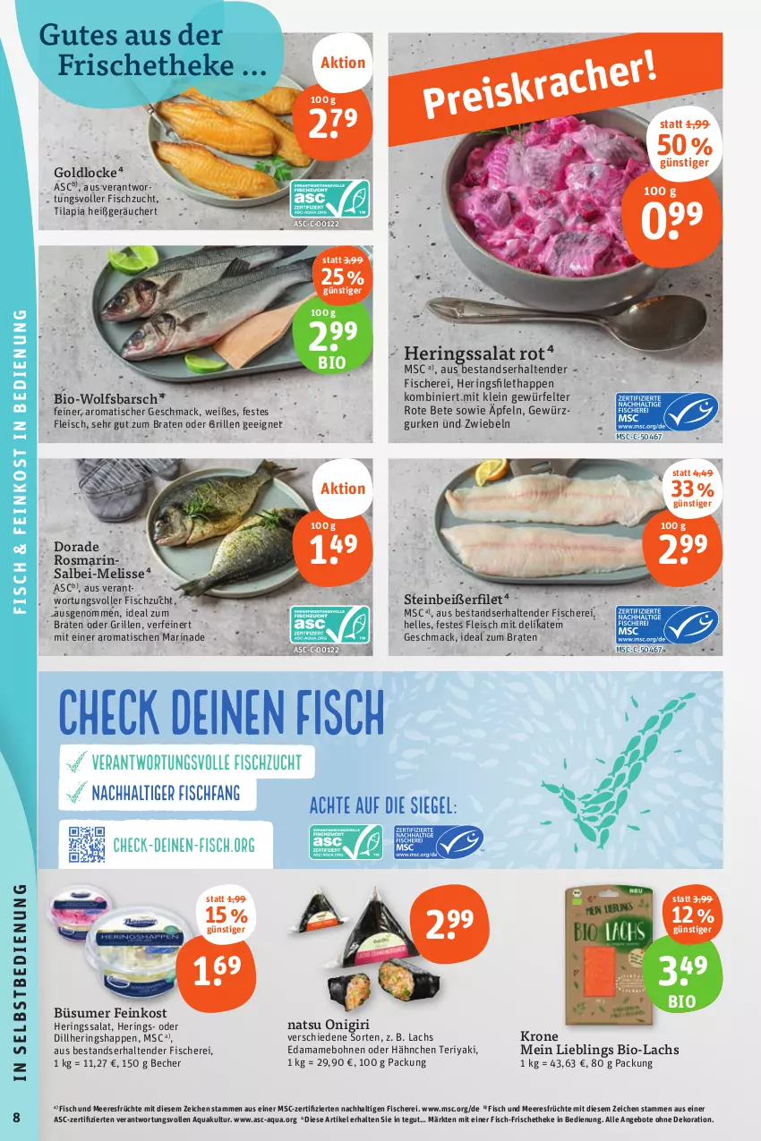 Aktueller Prospekt Tegut - Angebote der Woche - von 23.09 bis 30.09.2023 - strona 8 - produkty: angebot, angebote, aqua, Becher, bio, bohne, bohnen, braten, dekoration, Dorade, eis, elle, feinkost, filet, fisch, Fisch und Meeresfrüchte, fische, Fischer, fleisch, früchte, gewürz, Gewürzgurke, gewürzgurken, grill, gurke, gurken, hering, Herings, Heringshappen, ideal zum braten, krone, lachs, mac, mam, marinade, meeresfrüchte, ring, rosmarin, rote bete, salat, Schere, Steinbeißer, Steinbeißerfilet, tender, Ti, Tilapia, tisch, wolfsbarsch, würfel, zwiebel, zwiebeln