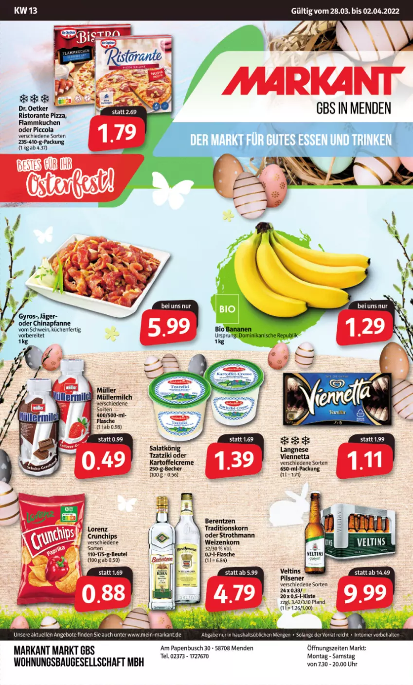 Aktueller Prospekt Markant - Prospekte - von 28.03 bis 02.04.2022 - strona 1 - produkty: angebot, angebote, Bau, beutel, chips, cola, crunchips, elle, flammkuchen, flasche, korn, küche, Küchen, kuchen, lamm, lorenz, pils, pilsener, pizza, ristorante, ristorante pizza, schwein, Ti, uhr, veltins, wein, weizenkorn