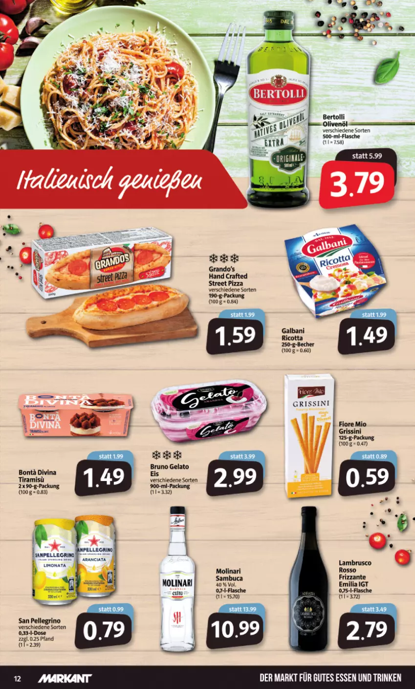 Aktueller Prospekt Markant - Prospekte - von 28.03 bis 02.04.2022 - strona 12 - produkty: bertolli, bruno gelato, eis, elle, flasche, frizzante, grissini, gutes essen, Lambrusco, Molinari, olive, oliven, olivenöl, pizza, sambuca, san pellegrino