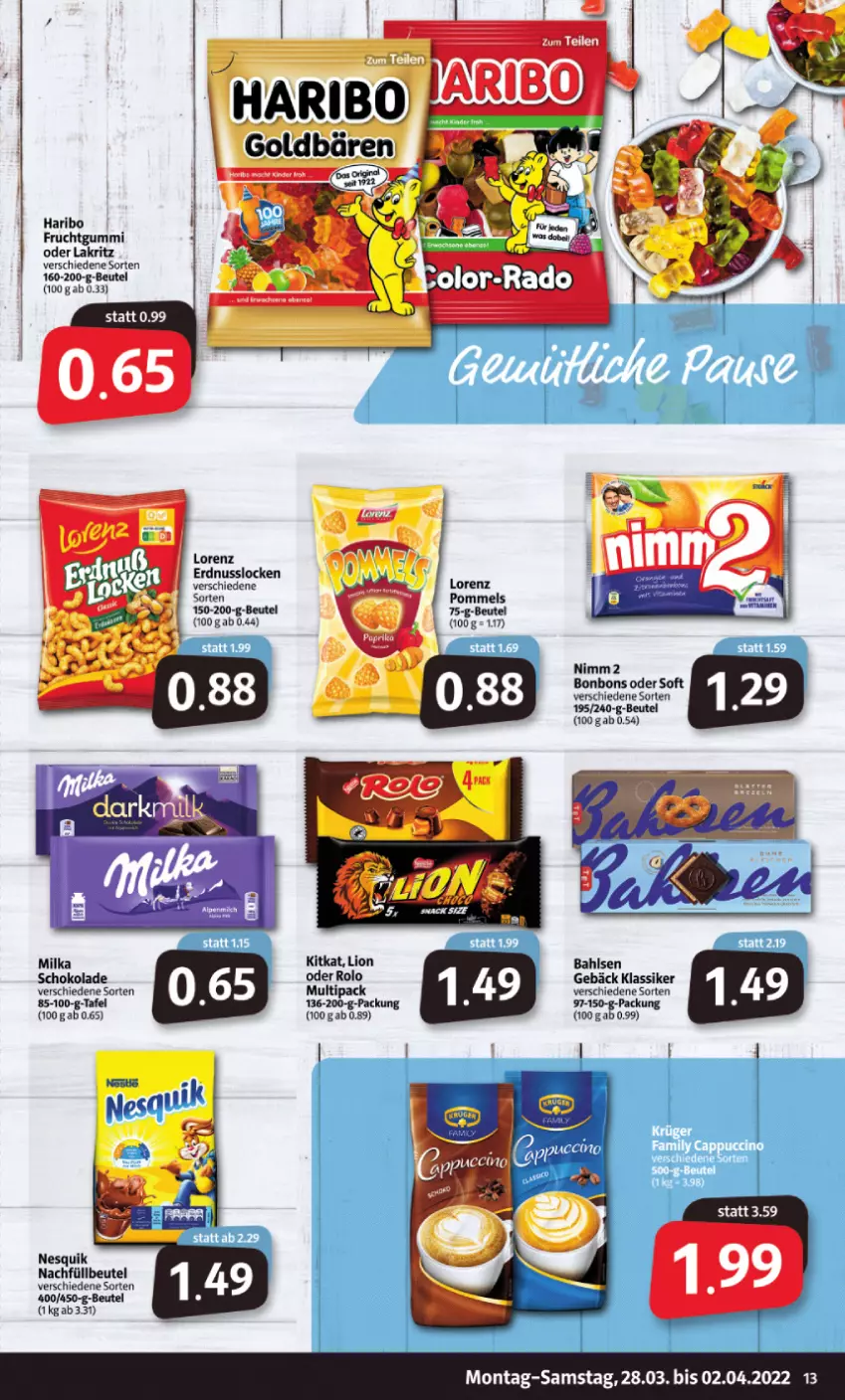 Aktueller Prospekt Markant - Prospekte - von 28.03 bis 02.04.2022 - strona 13 - produkty: bahlsen, beutel, bonbons, erdnuss, frucht, fruchtgummi, haribo, kitkat, Lakritz, lion, lorenz, milka, nesquik, nimm2, nuss, oder lakritz, Pommels, schoko, schokolade, Ti