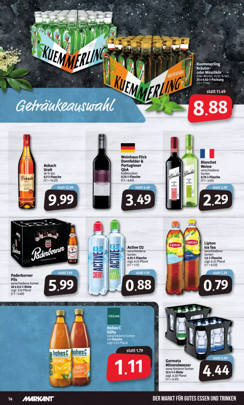 Aktueller Prospekt Markant - Prospekte - von 28.03 bis 02.04.2022 - strona 14 - produkty: Alwa, dornfelder, flasche, gutes essen, ice tea, kräuter, likör, lipton, mineralwasser, pils, Ti, wasser, wein, weine, würfel