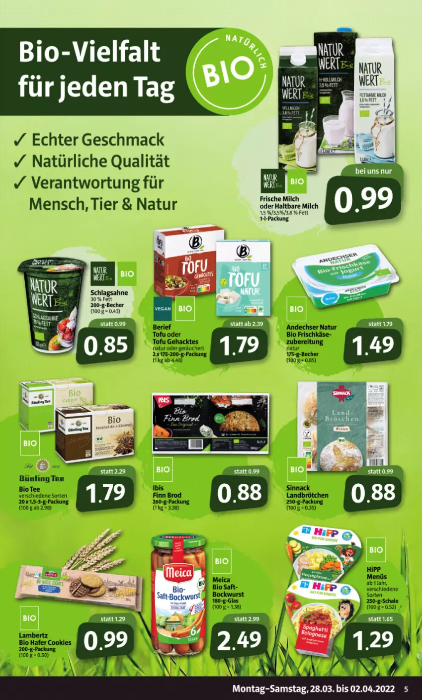 Aktueller Prospekt Markant - Prospekte - von 28.03 bis 02.04.2022 - strona 5 - produkty: andechser natur, bio, brötchen, cookie, cookies, frischkäse, hafer, haltbare milch, hipp, Käse, mac, milch, natur, Schal, Schale, sinnack, Ti