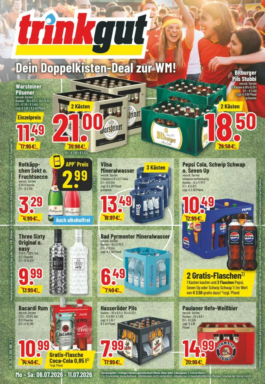 Aktueller Prospekt Trinkgut - Prospekte - von 05.07 bis 11.07.2026 - strona 1 - produkty: Alwa, bacardi, bacardi rum, bier, coca-cola, cola, ecco, eis, flasche, frucht, fruchtsecco, hasseröder, Hefe, mineralwasser, Paula, paulaner, pepsi, pils, rum, Schwip Schwap, sekt, Ti, wasser