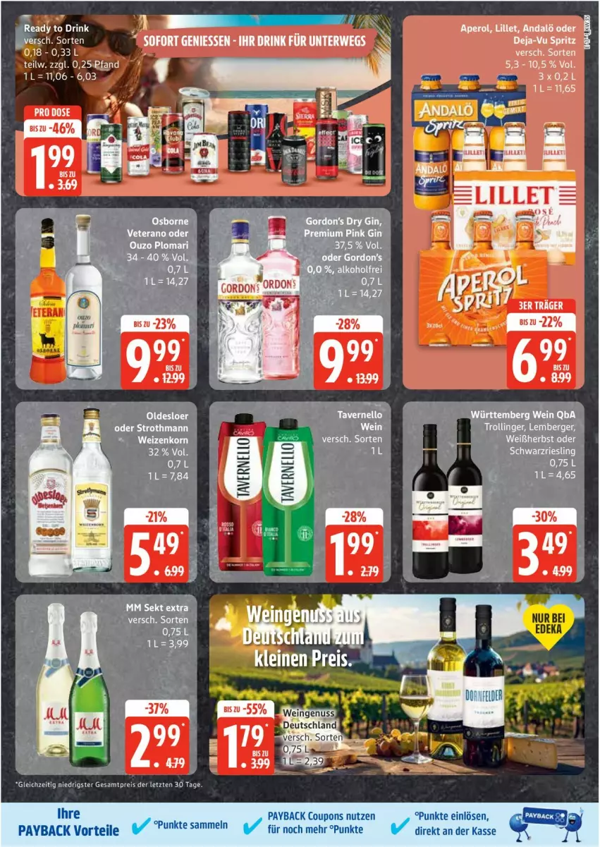 Aktueller Prospekt Edeka - Prospekte - von 25.08 bis 30.08.2025 - strona 17 - produkty: aperol, coupon, coupons, drink, eis, lillet, oldesloer, ouzo, payback, reis, riesling, schwarzriesling, sekt, Ti, wein, ZTE