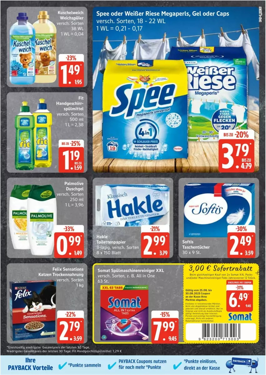 Aktueller Prospekt Edeka - Prospekte - von 25.08 bis 30.08.2025 - strona 19 - produkty: Cap, coupon, coupons, eis, geschirr, geschirrspülmittel, megaperls, payback, reis, somat, spee, spülmittel, Ti, ZTE