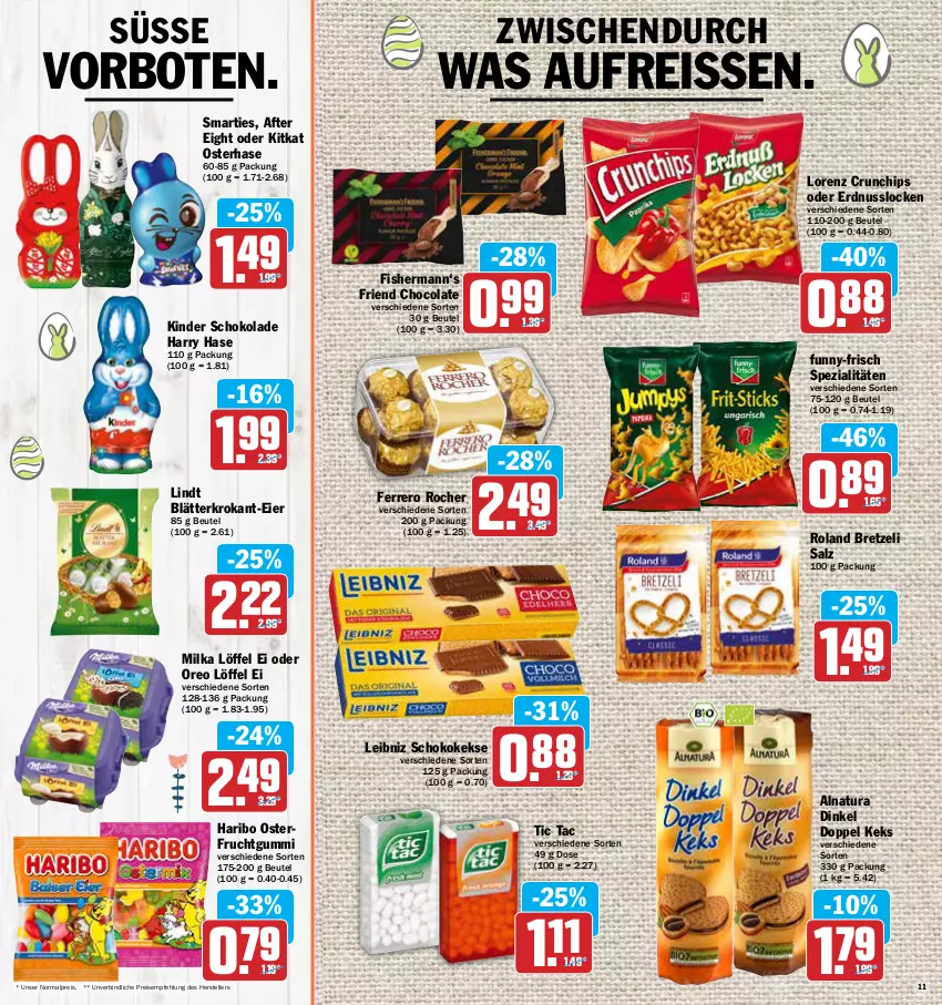 Aktueller Prospekt Aez - Prospekte - von 04.04 bis 09.04.2022 - strona 11 - produkty: after eight, beutel, chips, cola, crunchips, eier, eis, elle, erdnuss, ferrero, Ferrero Rocher, frucht, fruchtgummi, funny-frisch, haribo, keks, kekse, Kinder, kinder schokolade, kitkat, leibniz, lindt, Löffel, lorenz, lorenz crunchips, milka, natur, natura, nuss, oreo, reis, reiss, salz, schoko, schokolade, smarties, Spezi, teller, Ti