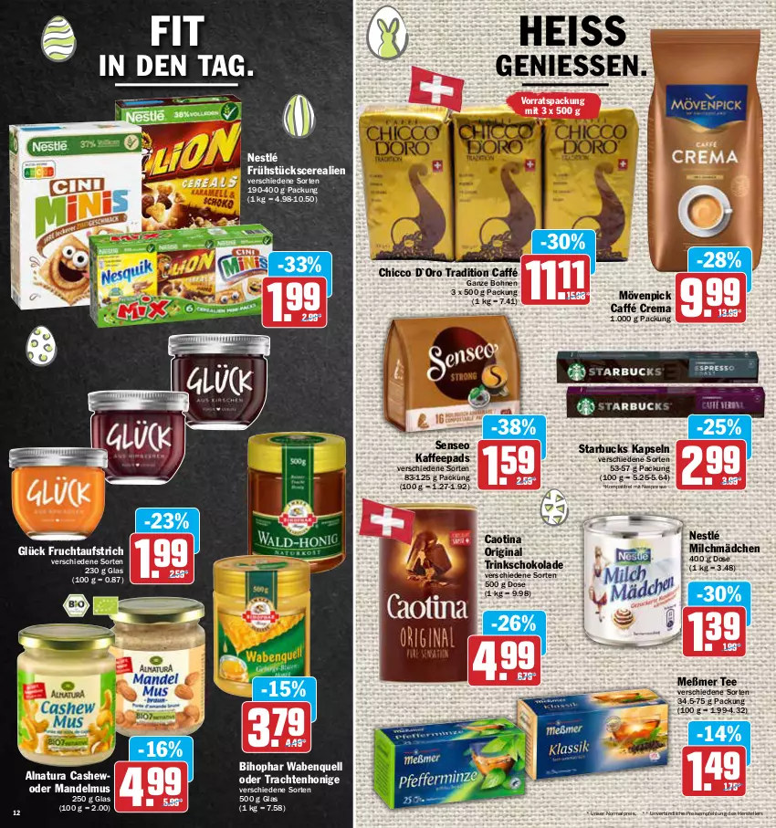 Aktueller Prospekt Aez - Prospekte - von 04.04 bis 09.04.2022 - strona 12 - produkty: aufstrich, bihophar, bohne, bohnen, Cashew, cerealien, eis, elle, espresso, frucht, fruchtaufstrich, gin, honig, kaffee, kaffeepads, mandel, Mandelmus, Meßmer, milch, mövenpick, natur, natura, nespresso, nestlé, reis, schoko, schokolade, senseo, starbucks, tee, teller, Ti