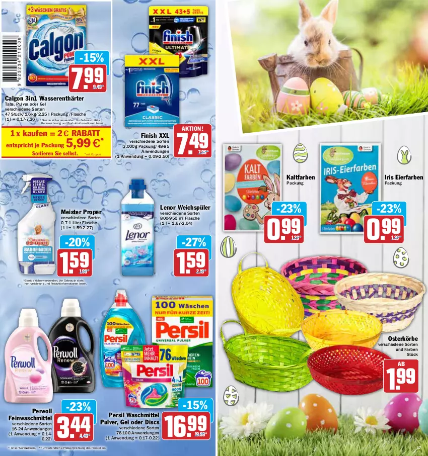 Aktueller Prospekt Aez - Prospekte - von 04.04 bis 09.04.2022 - strona 17 - produkty: bio, calgon, coupon, eier, eis, elle, feinwaschmittel, Finish, flasche, lenor, lenor weichspüler, LG, Meister, meister proper, persil, persil waschmittel, perwoll, Rauch, reis, rwe, teller, Ti, Tiere, waschmittel, wasser, wasserenthärter, Wasserenthärter Tabs, weichspüler