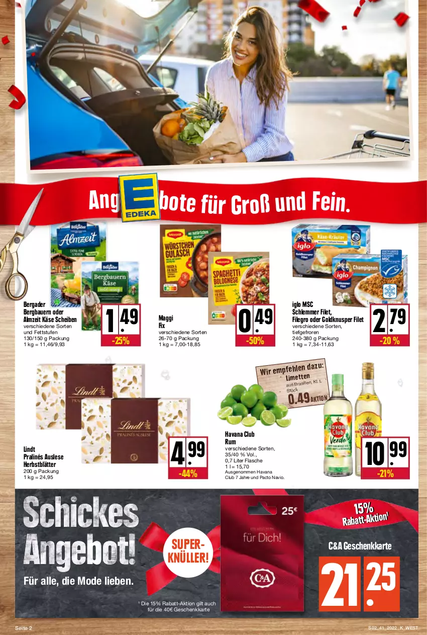 Aktueller Prospekt Kupsch - Angebote der Woche - von 10.10 bis 15.10.2022 - strona 2 - produkty: auer, Bau, Bauer, bergader, filegro, filet, flasche, Havana Club, iglo, Käse, lindt, maggi, maggi fix, Mode, rum, Ti