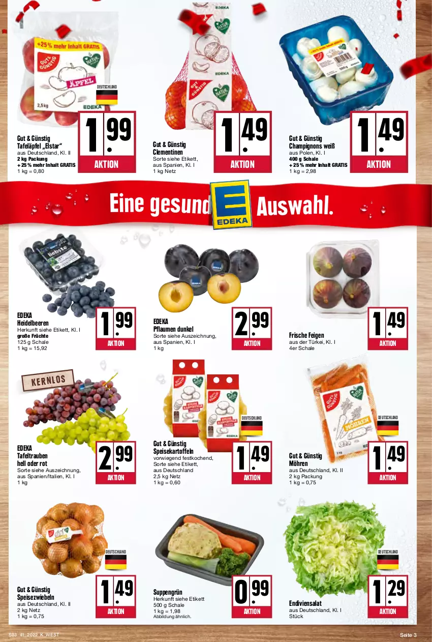 Aktueller Prospekt Kupsch - Angebote der Woche - von 10.10 bis 15.10.2022 - strona 3 - produkty: beere, beeren, champignon, champignons, clementinen, deka, eis, Feigen, früchte, heidelbeere, heidelbeeren, kartoffel, kartoffeln, möhren, pflaume, pflaumen, salat, Schal, Schale, speisekartoffeln, Speisezwiebeln, suppe, suppen, tafeläpfel, tafeltrauben, Ti, trauben, zwiebel, zwiebeln