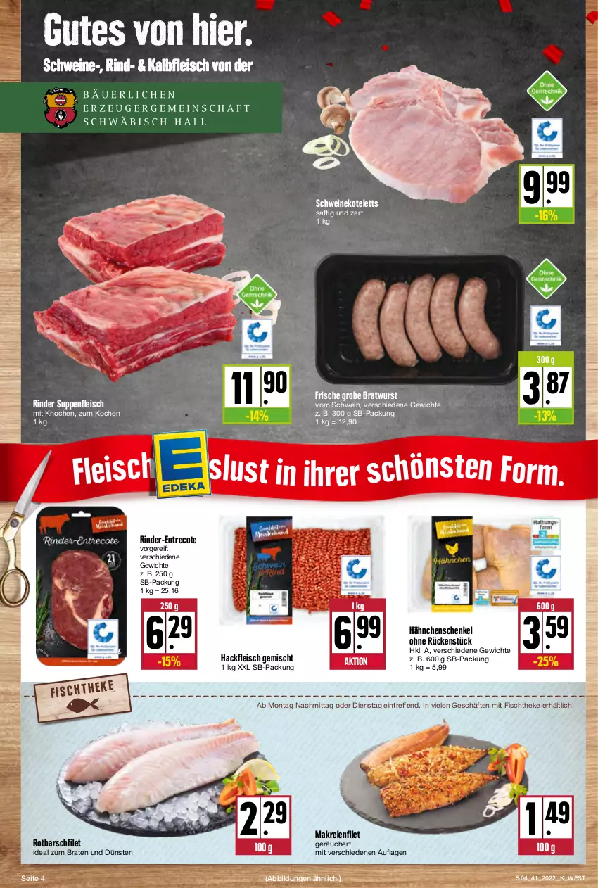 Aktueller Prospekt Kupsch - Angebote der Woche - von 10.10 bis 15.10.2022 - strona 4 - produkty: braten, bratwurst, eis, filet, fisch, fischtheke, fleisch, grobe bratwurst, hackfleisch, hackfleisch gemischt, hähnchenschenkel, henkel, ideal zum braten, Kalbfleisch, kotelett, Makrele, rel, rind, rinder, Rotbarsch, rotbarschfilet, saft, schenkel, schwein, schweine, schweinekotelett, suppe, suppen, suppenfleisch, Ti, wein, weine, wurst