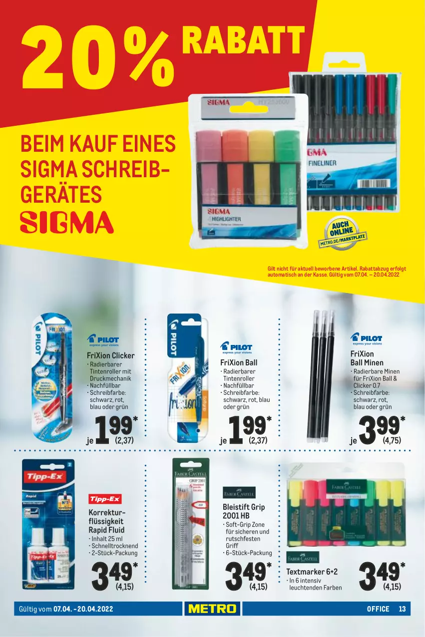 Aktueller Prospekt Metro - Office Spezial - von 07.04 bis 20.04.2022 - strona 13 - produkty: auto, ball, Bleistift, eis, Leuchte, leuchten, LG, office, Roller, sigma, textmarker, Ti, tisch