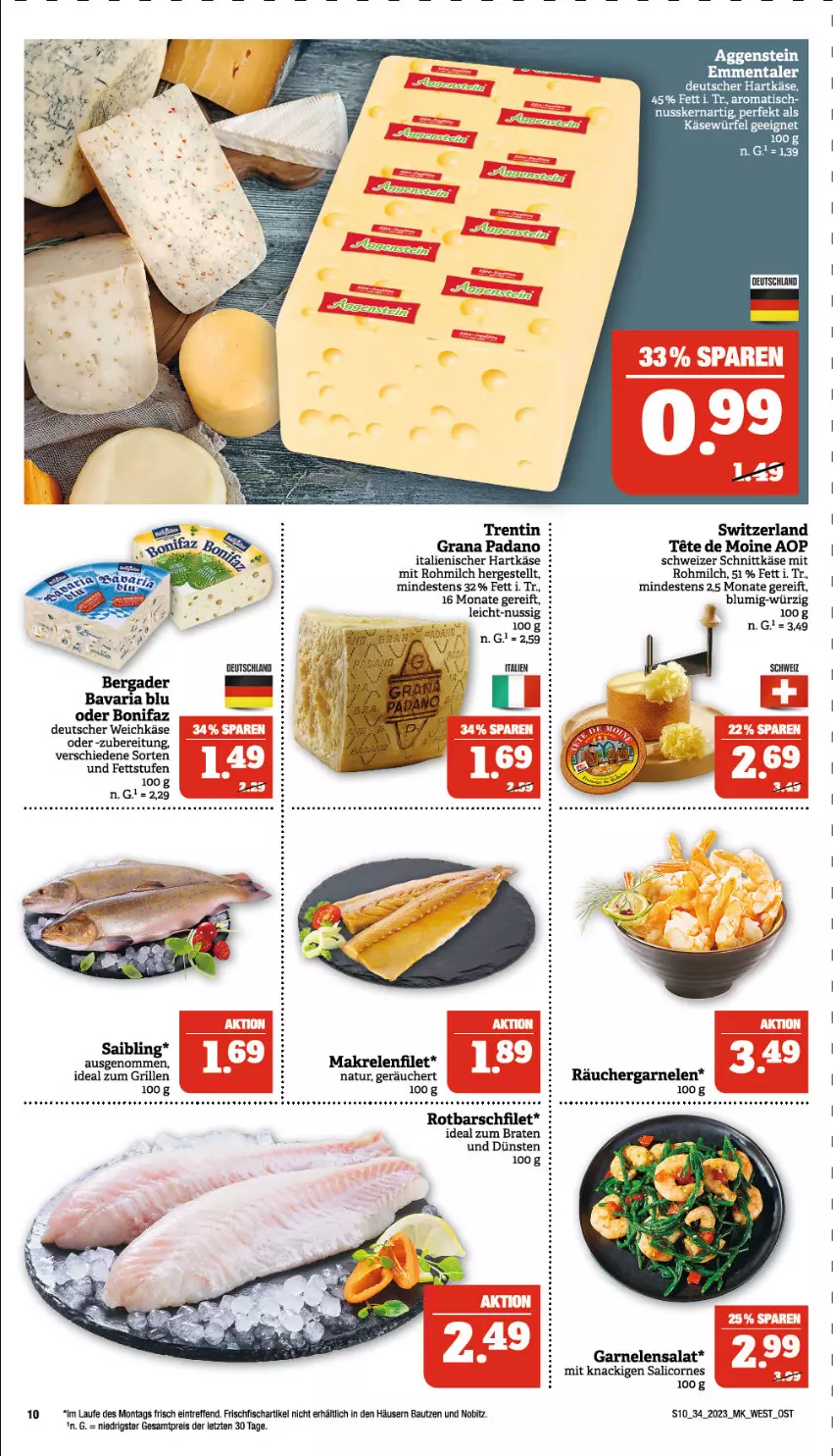 Aktueller Prospekt Marktkauf - Prospekt - von 20.08 bis 26.08.2023 - strona 10 - produkty: Bau, bavaria blu, braten, deutscher weichkäse, eier, eis, filet, fisch, frischfisch, garnelen, grana, grana padano, grill, hartkäse, ideal zum braten, ideal zum grillen, italienischer hartkäse, Käse, licor, Makrele, milch, natur, nuss, padano, Rana, reis, rel, Ria, Rotbarsch, rotbarschfilet, Saibling, salat, schnittkäse, schweizer schnittkäse, Ti, tisch, weichkäse, würfel, ZTE