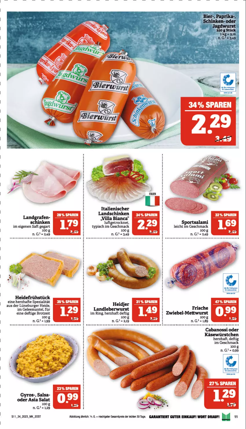 Aktueller Prospekt Marktkauf - Prospekt - von 20.08 bis 26.08.2023 - strona 11 - produkty: auer, Bau, Bauer, brot, burger, Cabanossi, eis, gelee, gyros, heidefrühstück, Käse, landleberwurst, landschinken, leberwurst, mac, Mantel, Mett, mettwurst, reis, ring, saft, salat, Salsa, schinken, Spezi, Ti, wurst, würstchen, ZTE, zwiebel