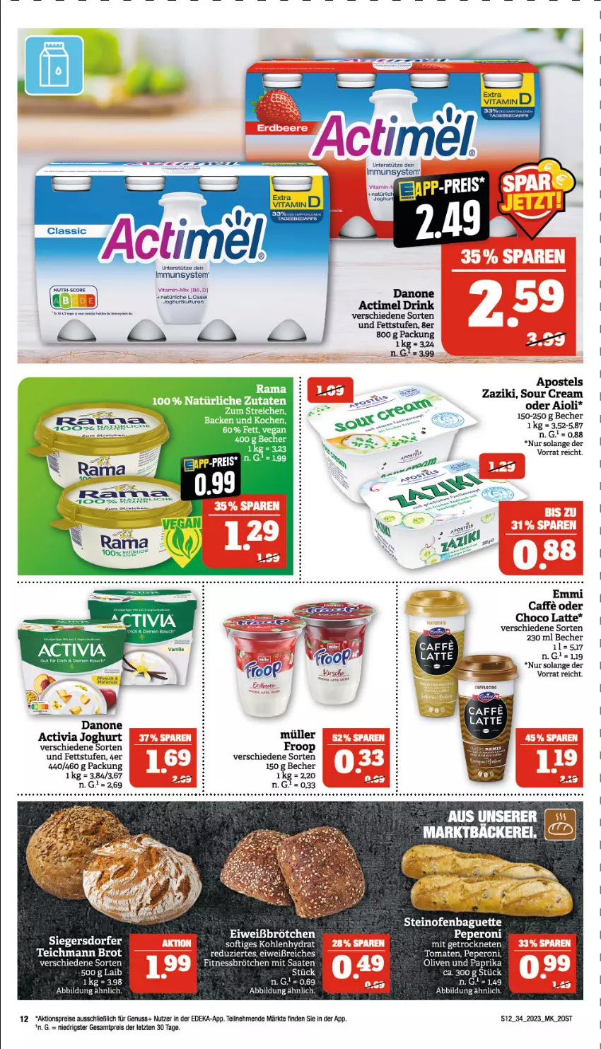 Aktueller Prospekt Marktkauf - Prospekt - von 20.08 bis 26.08.2023 - strona 12 - produkty: actimel, actimel drink, activia, activia joghurt, aioli, aktionspreis, apostels, baguette, Becher, brot, brötchen, caffe, danone, deka, drink, eis, emmi, Fitnessbrötchen, froop, HP, joghur, joghurt, latte, Müller, nuss, Ofen, olive, oliven, paprika, peperoni, Peroni, rama, reis, sour cream, steinofen, tee, Ti, tomate, tomaten, zaziki, ZTE